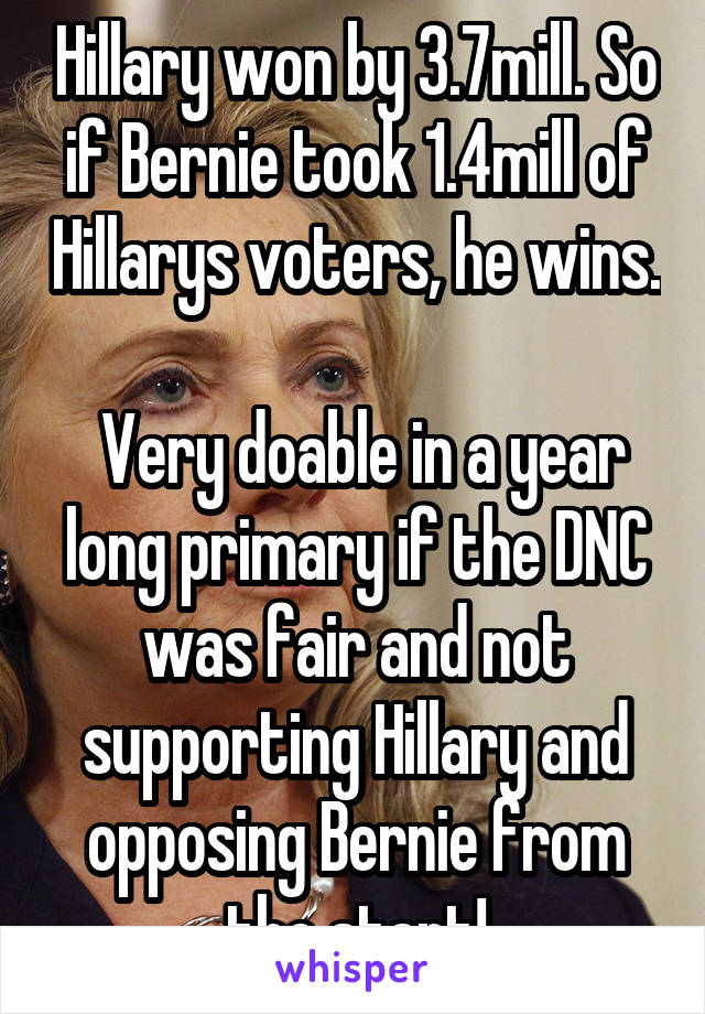 Hillary won by 3.7mill. So if Bernie took 1.4mill of Hillarys voters, he wins. 
 Very doable in a year long primary if the DNC was fair and not supporting Hillary and opposing Bernie from the start!