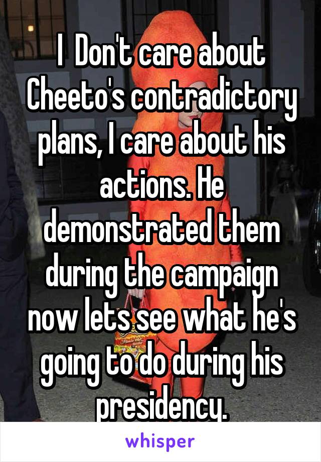 I  Don't care about Cheeto's contradictory plans, I care about his actions. He demonstrated them during the campaign now lets see what he's going to do during his presidency.