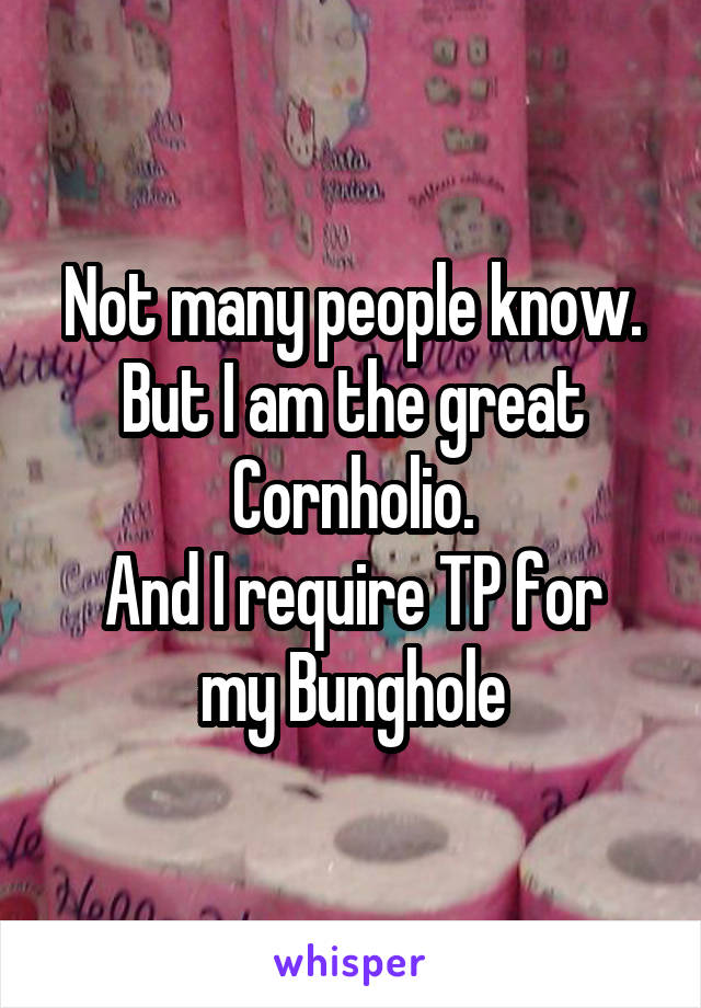 Not many people know. But I am the great Cornholio.
And I require TP for my Bunghole