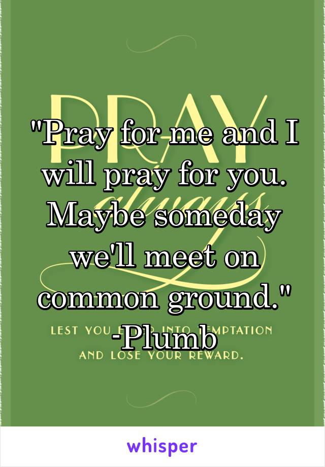 "Pray for me and I will pray for you. Maybe someday we'll meet on common ground."
-Plumb