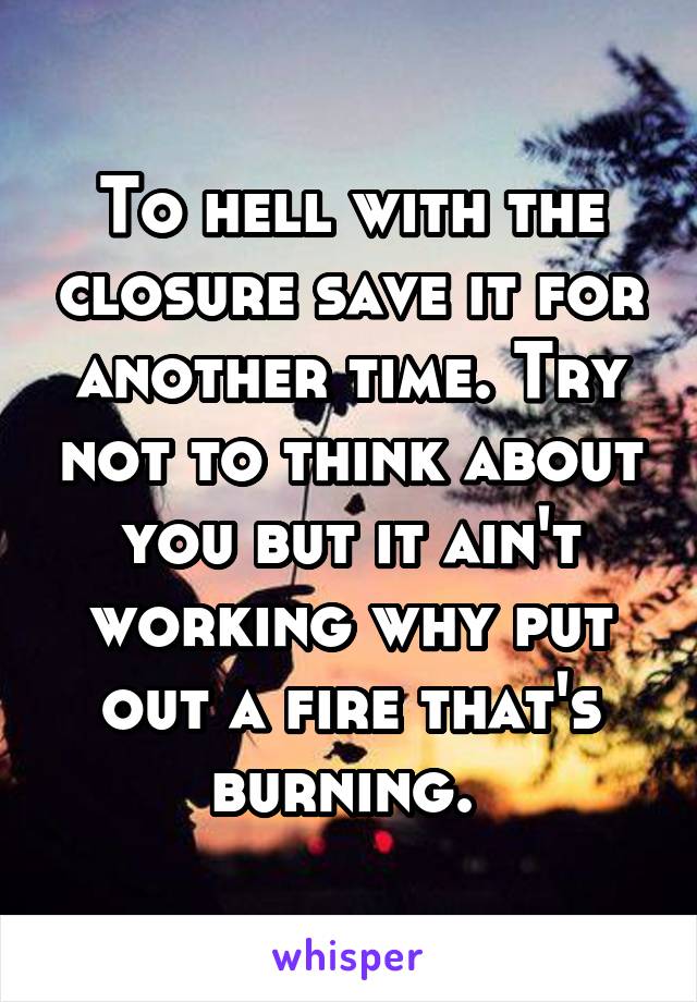 To hell with the closure save it for another time. Try not to think about you but it ain't working why put out a fire that's burning. 
