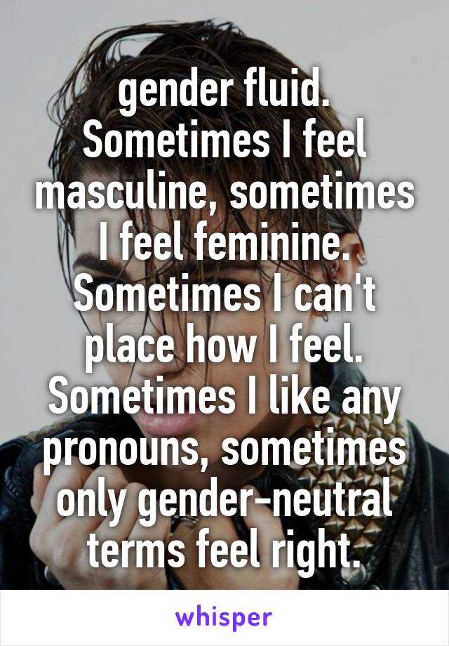 gender fluid.
Sometimes I feel masculine, sometimes I feel feminine. Sometimes I can't place how I feel. Sometimes I like any pronouns, sometimes only gender-neutral terms feel right.