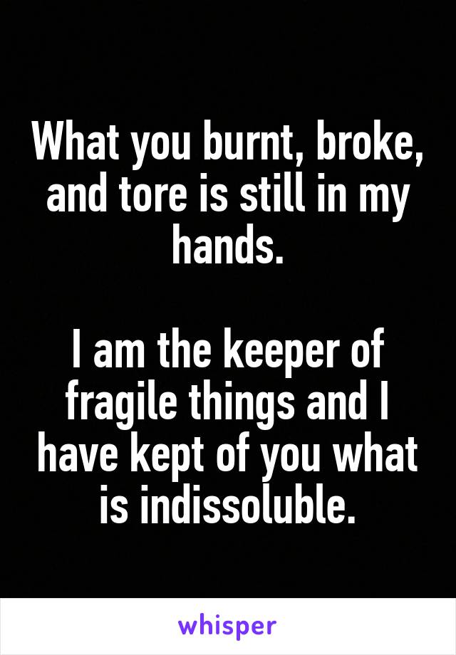 What you burnt, broke, and tore is still in my hands.

I am the keeper of fragile things and I have kept of you what is indissoluble.