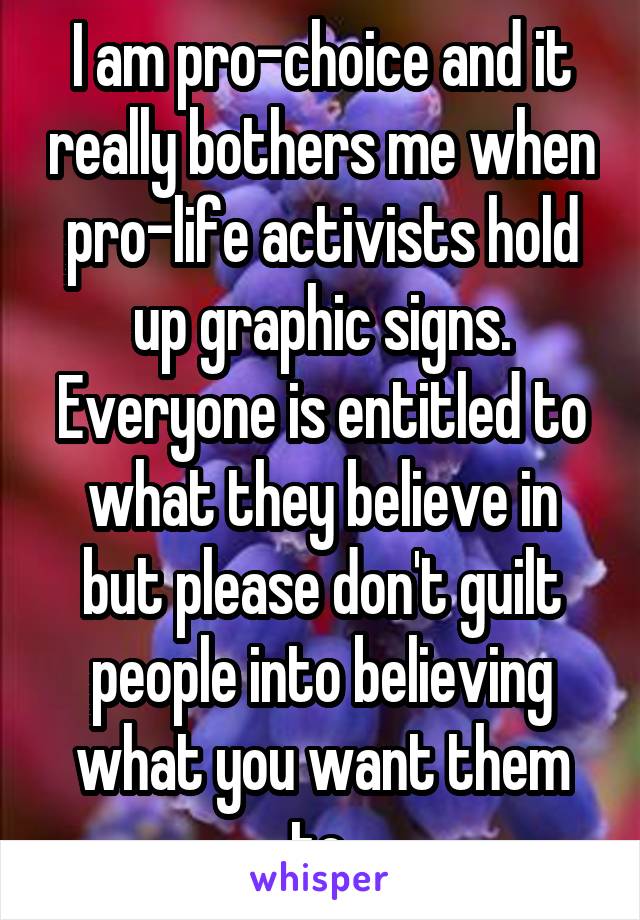 I am pro-choice and it really bothers me when pro-life activists hold up graphic signs. Everyone is entitled to what they believe in but please don't guilt people into believing what you want them to.