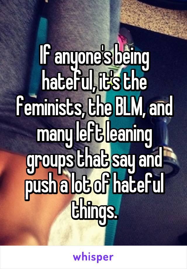 If anyone's being hateful, it's the feminists, the BLM, and many left leaning groups that say and push a lot of hateful things.