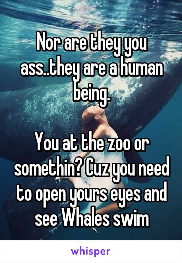 Nor are they you ass..they are a human being.

You at the zoo or somethin? Cuz you need to open yours eyes and see Whales swim