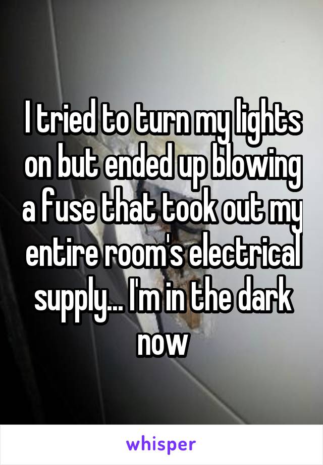 I tried to turn my lights on but ended up blowing a fuse that took out my entire room's electrical supply... I'm in the dark now