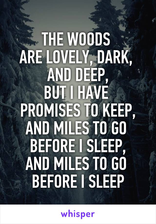 THE WOODS 
ARE LOVELY, DARK, 
AND DEEP,
BUT I HAVE 
PROMISES TO KEEP,
AND MILES TO GO 
BEFORE I SLEEP,
AND MILES TO GO 
BEFORE I SLEEP