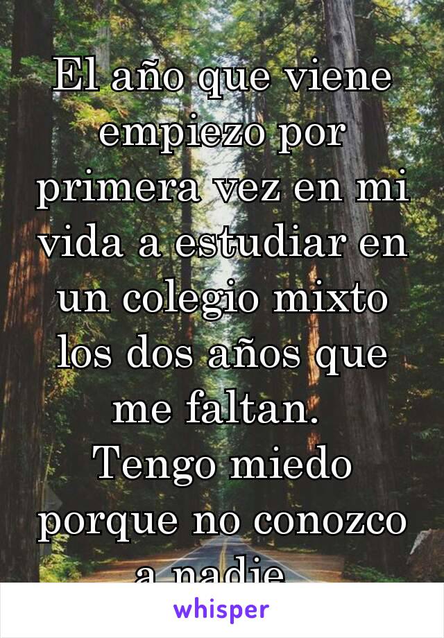 El año que viene empiezo por primera vez en mi vida a estudiar en un colegio mixto los dos años que me faltan. 
Tengo miedo porque no conozco a nadie. 