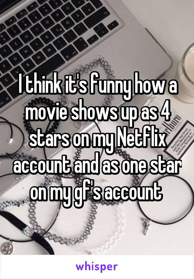 I think it's funny how a movie shows up as 4 stars on my Netflix account and as one star on my gf's account 