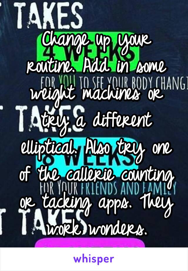 Change up your routine. Add in some weight machines or try a different elliptical. Also try one of the callerie counting or tacking apps. They work wonders.