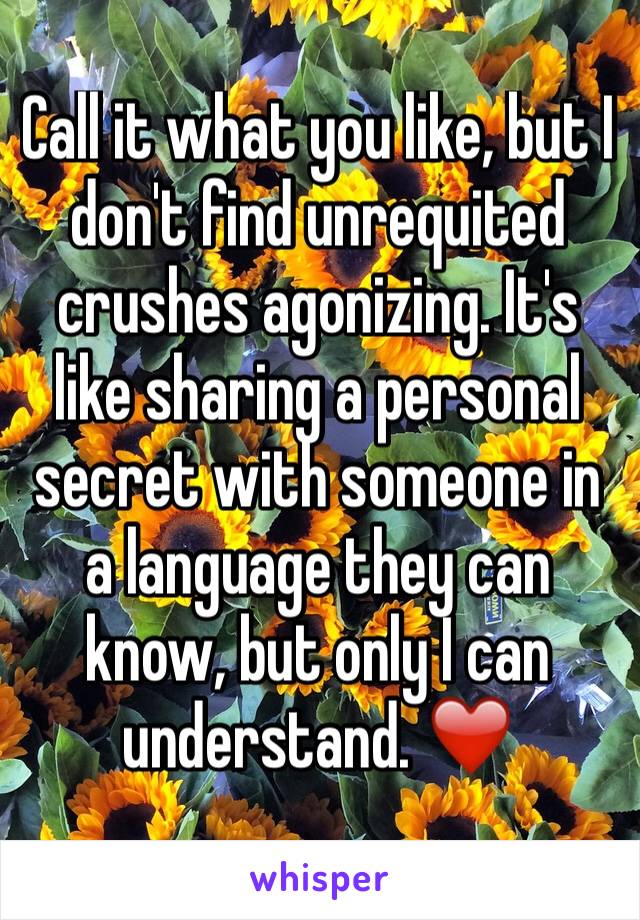 Call it what you like, but I don't find unrequited crushes agonizing. It's like sharing a personal secret with someone in a language they can know, but only I can understand. ❤️