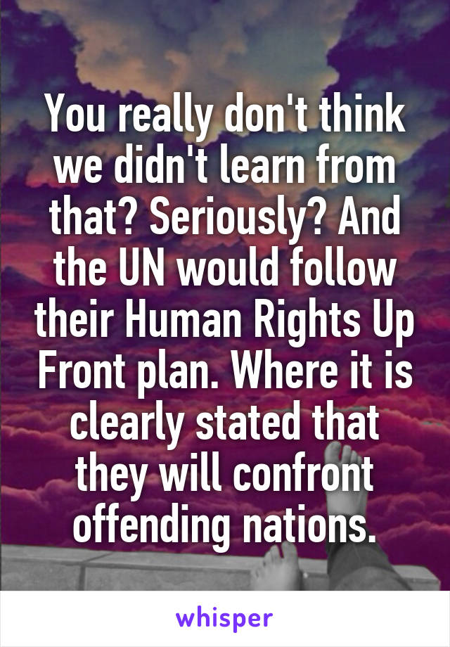 You really don't think we didn't learn from that? Seriously? And the UN would follow their Human Rights Up Front plan. Where it is clearly stated that they will confront offending nations.