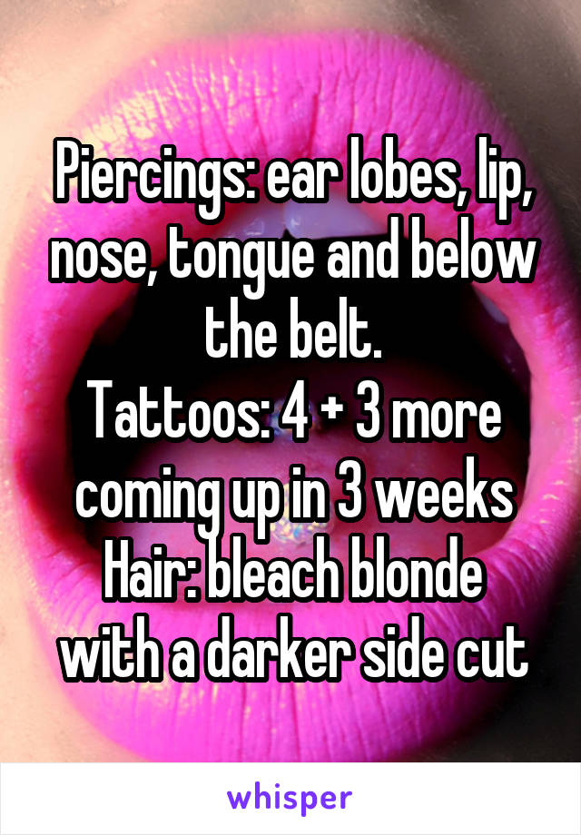 Piercings: ear lobes, lip, nose, tongue and below the belt.
Tattoos: 4 + 3 more coming up in 3 weeks
Hair: bleach blonde with a darker side cut