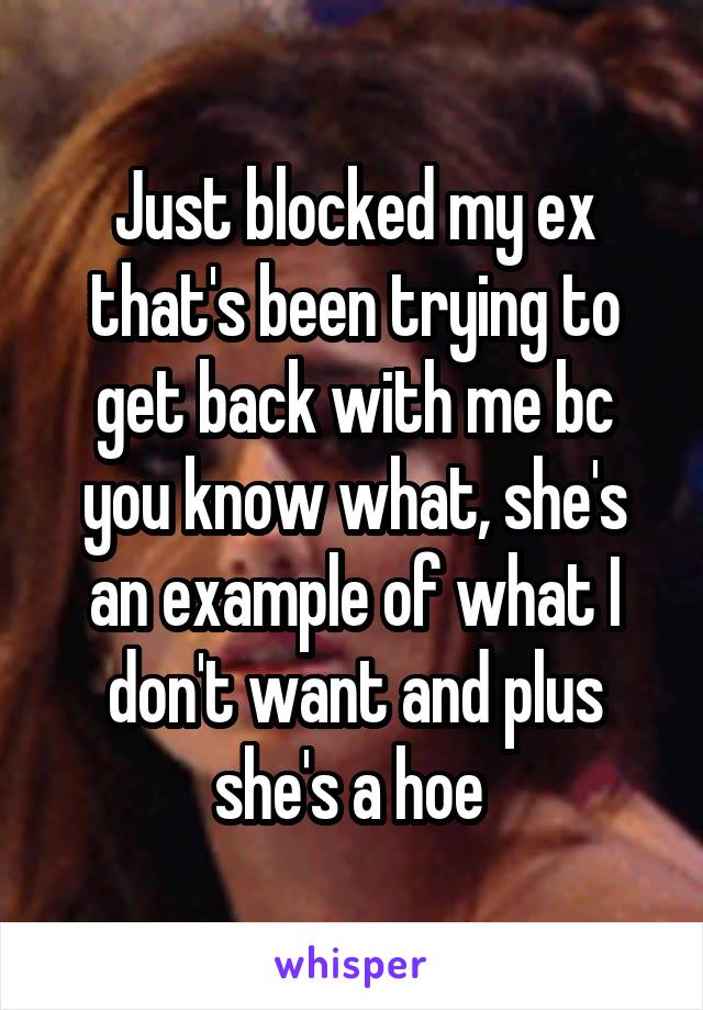 Just blocked my ex that's been trying to get back with me bc you know what, she's an example of what I don't want and plus she's a hoe 