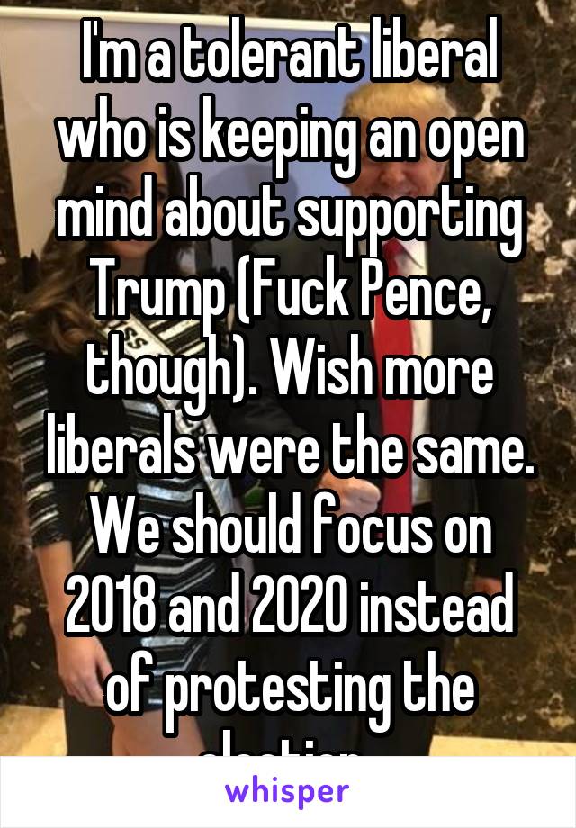 I'm a tolerant liberal who is keeping an open mind about supporting Trump (Fuck Pence, though). Wish more liberals were the same. We should focus on 2018 and 2020 instead of protesting the election. 