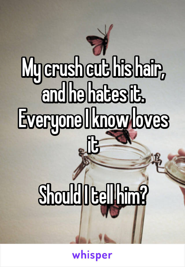 My crush cut his hair, and he hates it. Everyone I know loves it

Should I tell him?