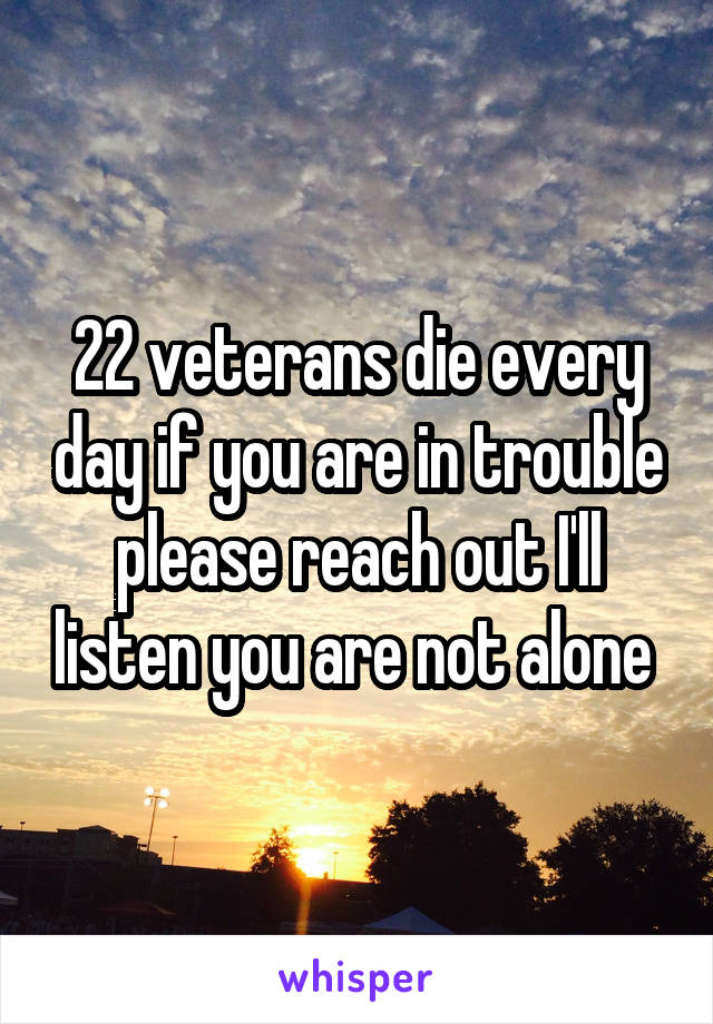 22 veterans die every day if you are in trouble please reach out I'll listen you are not alone 