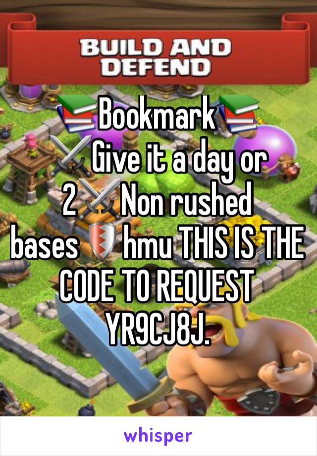 📚Bookmark📚⚔️Give it a day or 2⚔️Non rushed bases🛡hmu THIS IS THE CODE TO REQUEST YR9CJ8J.  