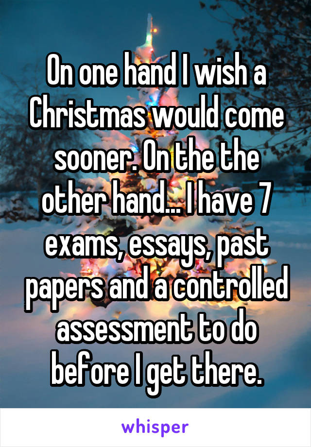 On one hand I wish a Christmas would come sooner. On the the other hand... I have 7 exams, essays, past papers and a controlled assessment to do before I get there.