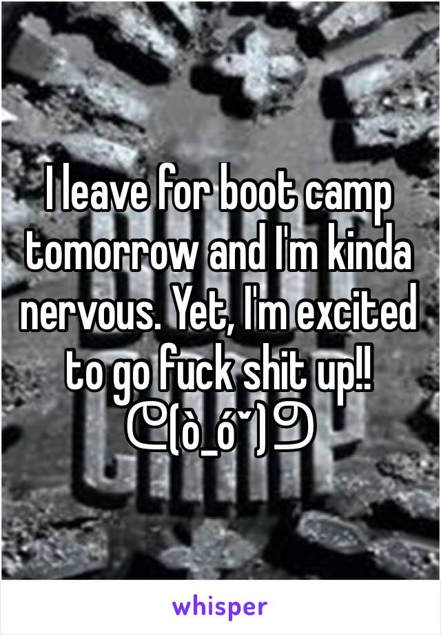 I leave for boot camp tomorrow and I'm kinda nervous. Yet, I'm excited to go fuck shit up!!ᕦ(ò_óˇ)ᕤ