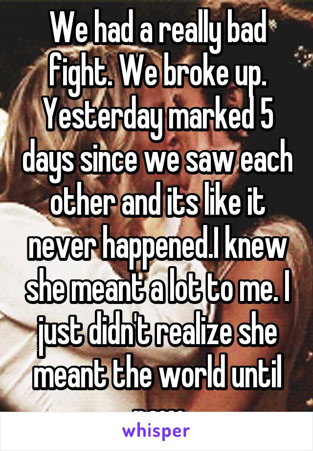 We had a really bad fight. We broke up. Yesterday marked 5 days since we saw each other and its like it never happened.I knew she meant a lot to me. I just didn't realize she meant the world until now