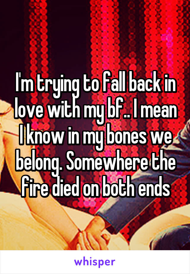 I'm trying to fall back in love with my bf.. I mean I know in my bones we belong. Somewhere the fire died on both ends