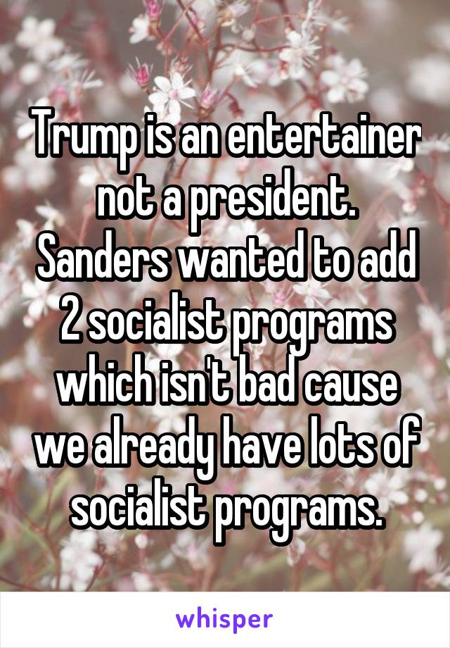 Trump is an entertainer not a president. Sanders wanted to add 2 socialist programs which isn't bad cause we already have lots of socialist programs.