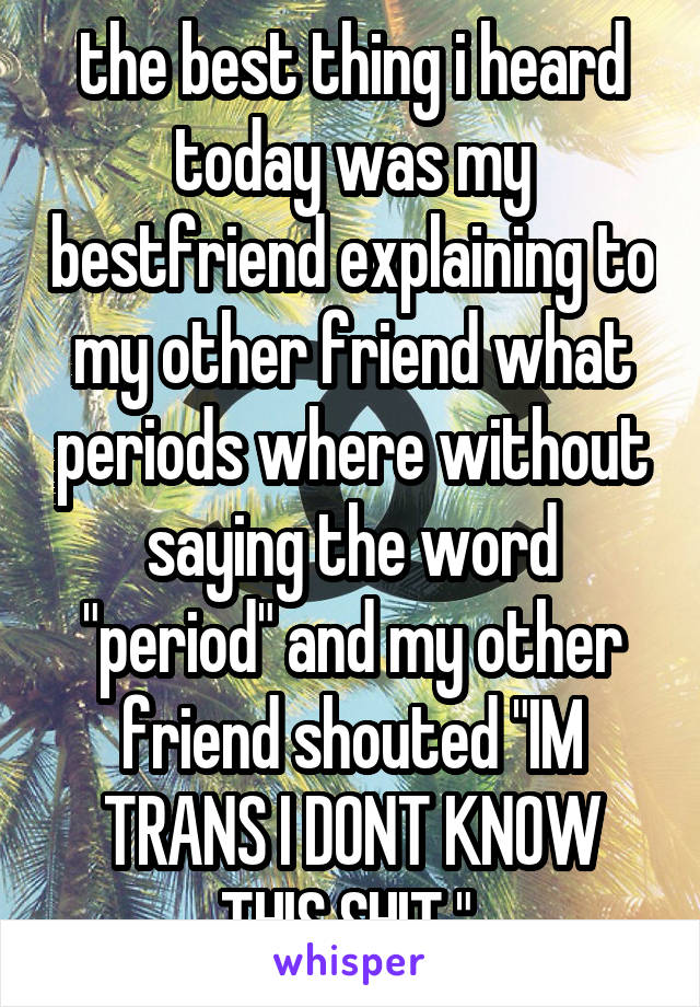 the best thing i heard today was my bestfriend explaining to my other friend what periods where without saying the word "period" and my other friend shouted "IM TRANS I DONT KNOW THIS SHIT." 