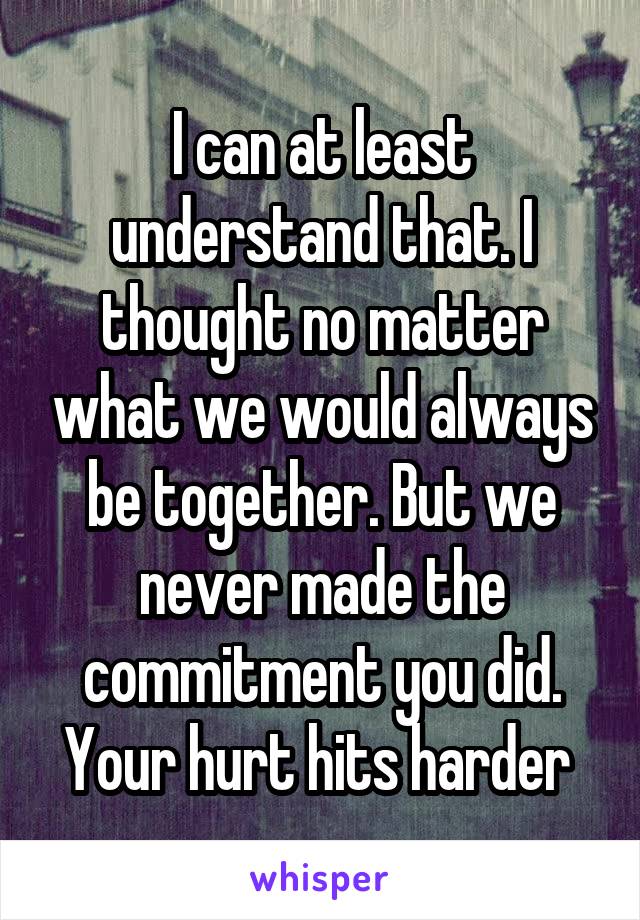 I can at least understand that. I thought no matter what we would always be together. But we never made the commitment you did. Your hurt hits harder 