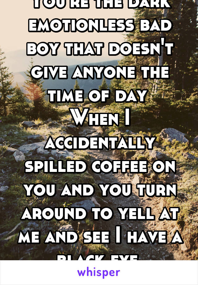 You're the dark emotionless bad boy that doesn't give anyone the time of day 
When I accidentally spilled coffee on you and you turn around to yell at me and see I have a black eye 
17f