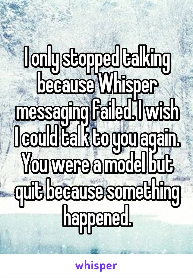 I only stopped talking because Whisper messaging failed. I wish I could talk to you again. You were a model but quit because something happened.