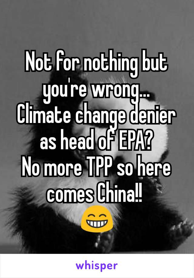 Not for nothing but you're wrong...
Climate change denier as head of EPA?
No more TPP so here comes China!! 
😁