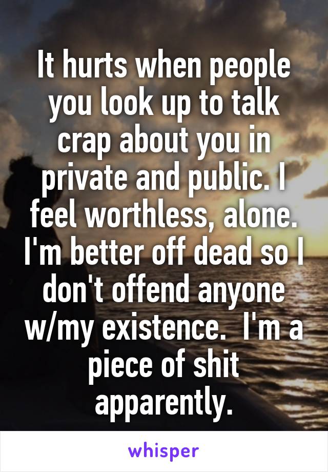 It hurts when people you look up to talk crap about you in private and public. I feel worthless, alone. I'm better off dead so I don't offend anyone w/my existence.  I'm a piece of shit apparently.