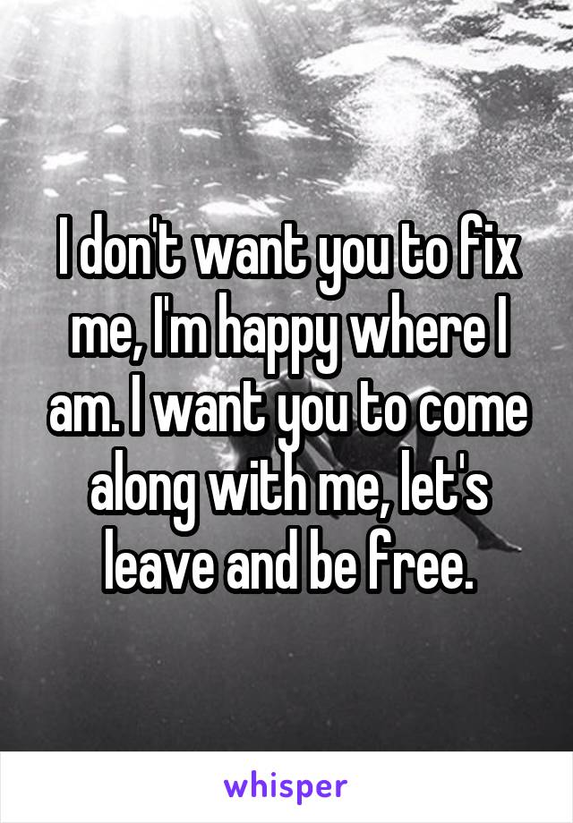 I don't want you to fix me, I'm happy where I am. I want you to come along with me, let's leave and be free.