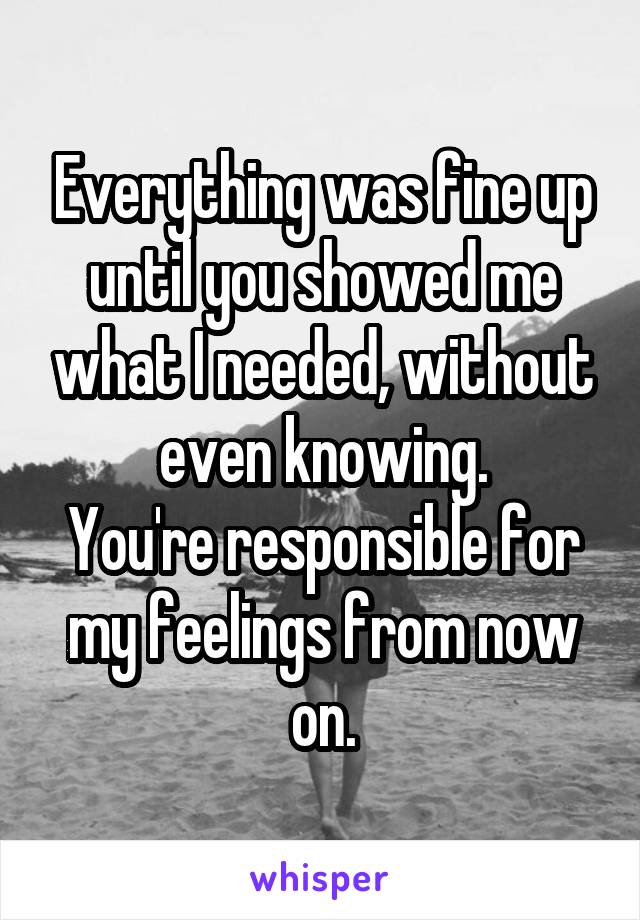 Everything was fine up until you showed me what I needed, without even knowing.
You're responsible for my feelings from now on.