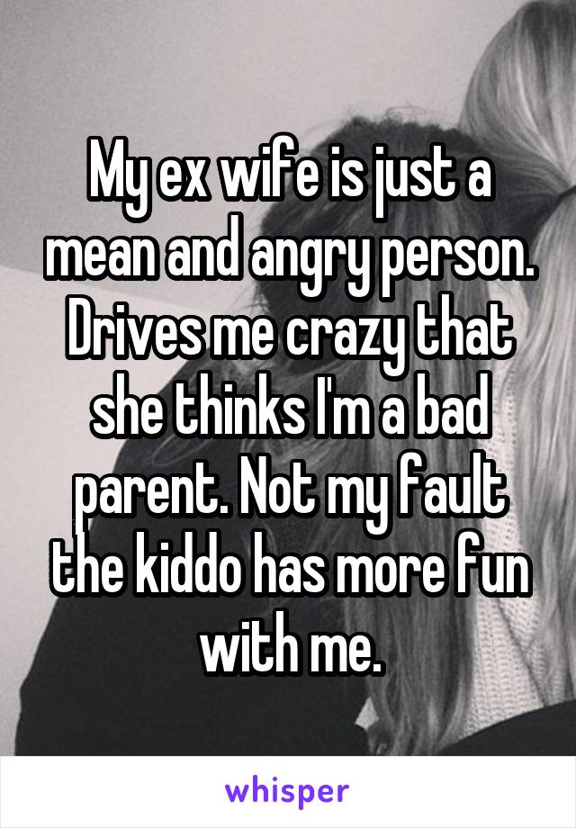 My ex wife is just a mean and angry person. Drives me crazy that she thinks I'm a bad parent. Not my fault the kiddo has more fun with me.