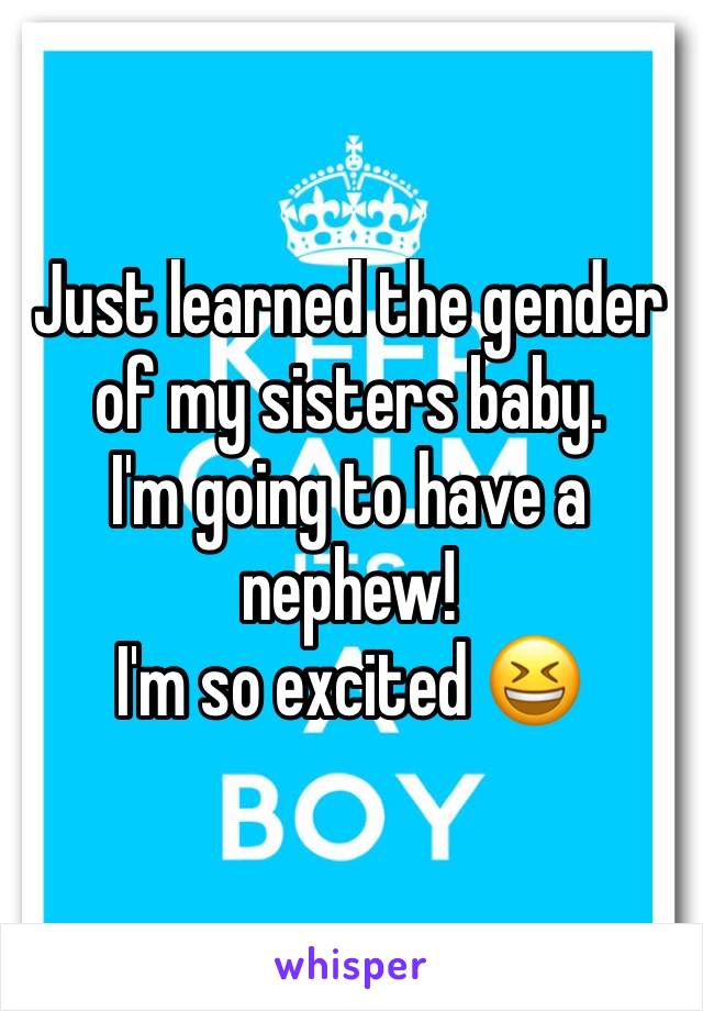 Just learned the gender of my sisters baby.
I'm going to have a nephew!
I'm so excited 😆 