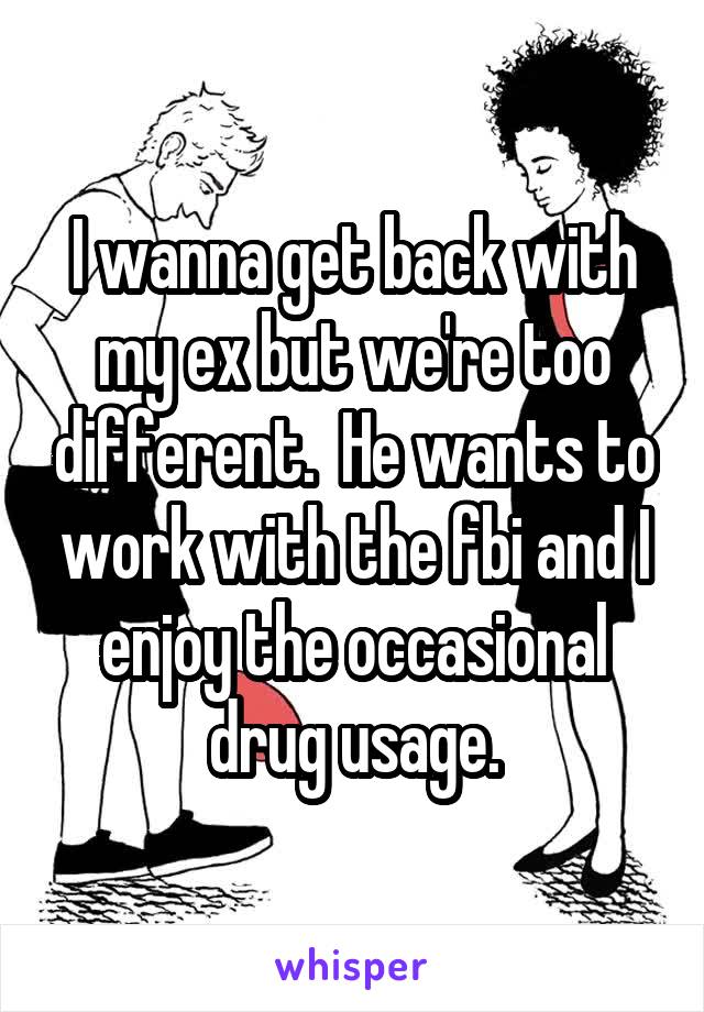 I wanna get back with my ex but we're too different.  He wants to work with the fbi and I enjoy the occasional drug usage.