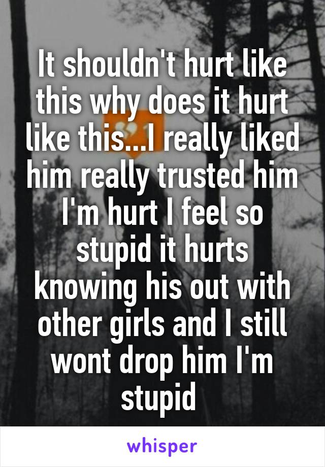 It shouldn't hurt like this why does it hurt like this...I really liked him really trusted him I'm hurt I feel so stupid it hurts knowing his out with other girls and I still wont drop him I'm stupid 