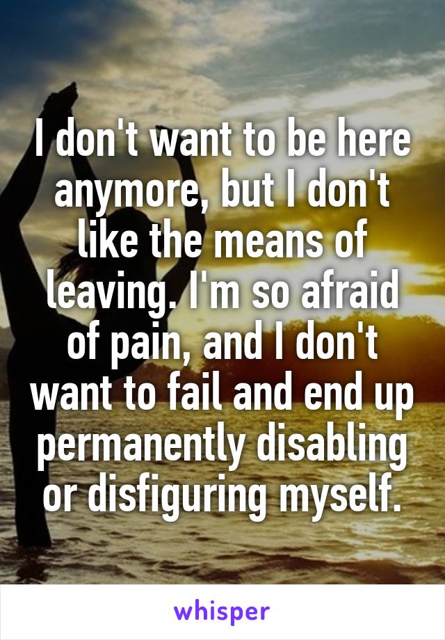 I don't want to be here anymore, but I don't like the means of leaving. I'm so afraid of pain, and I don't want to fail and end up permanently disabling or disfiguring myself.