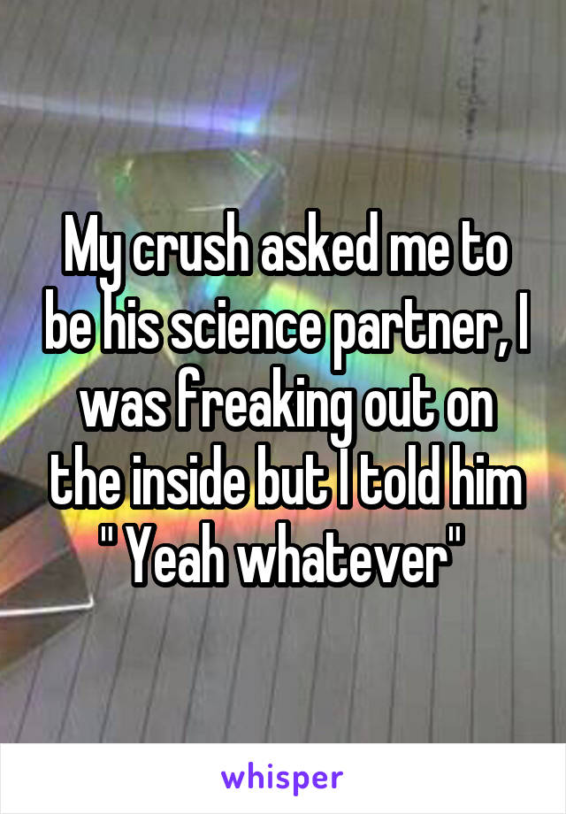 My crush asked me to be his science partner, I was freaking out on the inside but I told him " Yeah whatever" 