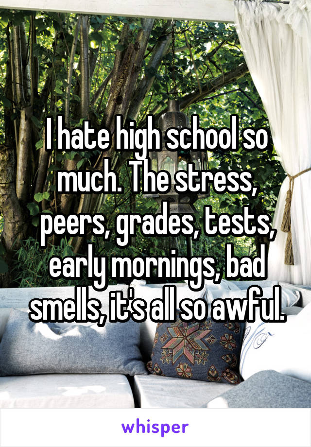 I hate high school so much. The stress, peers, grades, tests, early mornings, bad smells, it's all so awful.