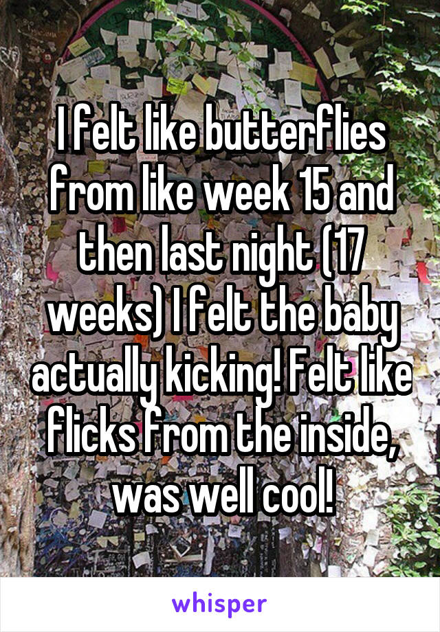 I felt like butterflies from like week 15 and then last night (17 weeks) I felt the baby actually kicking! Felt like flicks from the inside, was well cool!