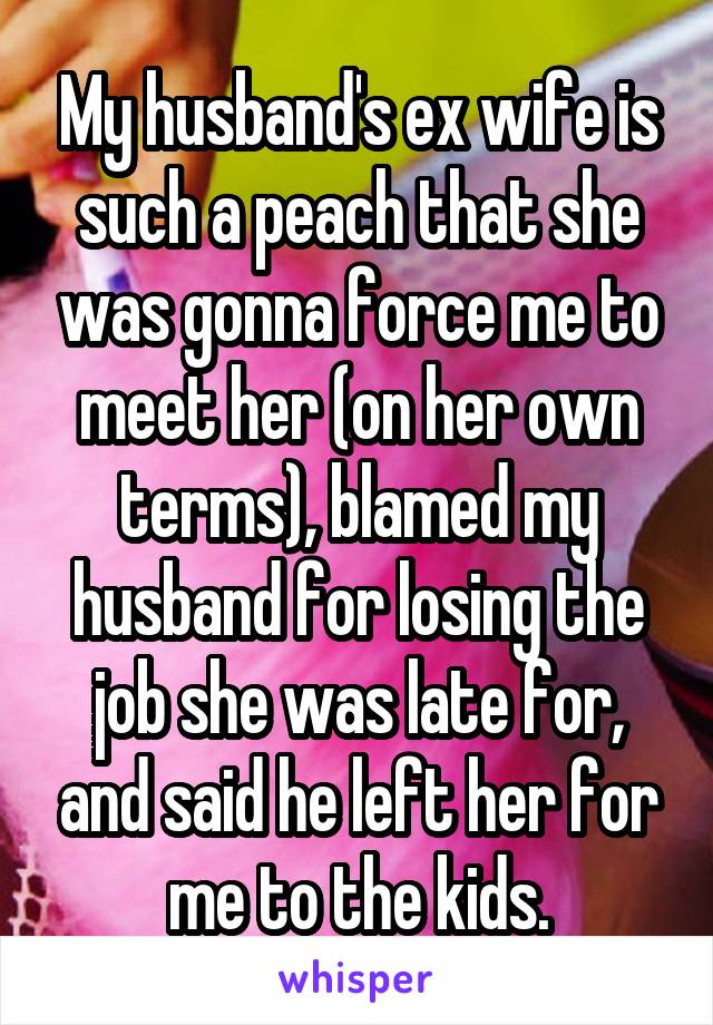 My husband's ex wife is such a peach that she was gonna force me to meet her (on her own terms), blamed my husband for losing the job she was late for, and said he left her for me to the kids.