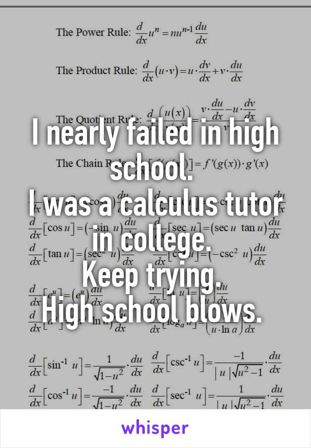 I nearly failed in high school. 
I was a calculus tutor in college. 
Keep trying. 
High school blows. 