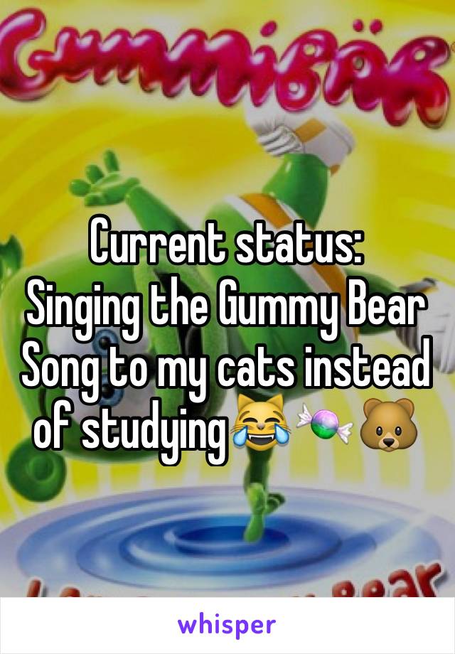 Current status:
Singing the Gummy Bear Song to my cats instead of studying😹🍬🐻