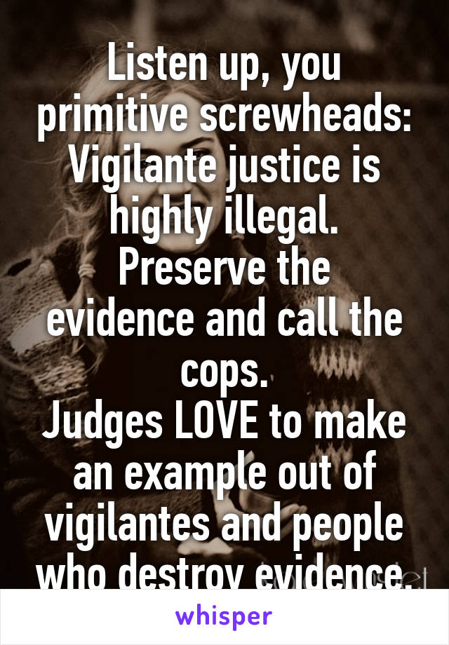 Listen up, you primitive screwheads:
Vigilante justice is highly illegal.
Preserve the evidence and call the cops.
Judges LOVE to make an example out of vigilantes and people who destroy evidence.