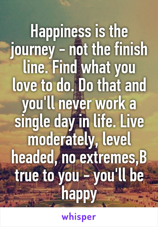 Happiness is the journey - not the finish line. Find what you love to do. Do that and you'll never work a single day in life. Live moderately, level headed, no extremes,B true to you - you'll be happy