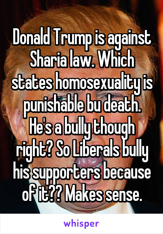 Donald Trump is against Sharia law. Which states homosexuality is punishable bu death. He's a bully though right? So Liberals bully his supporters because of it?? Makes sense.